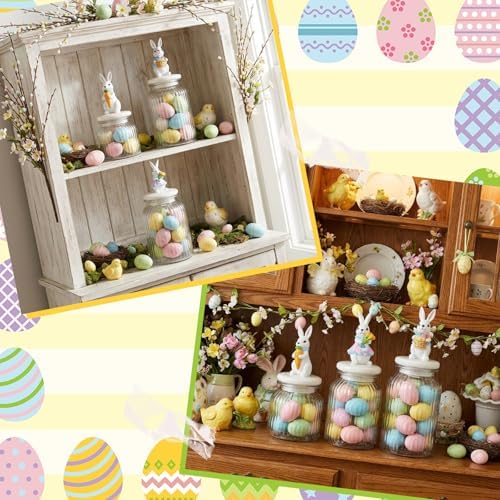 Mimorou 3 Set Easter Cookie Jar with Ceramic Bunny Lid 44oz 33oz 22oz Glass Candy Jar Food Storage Canister with Airtight Lid for Easter Party Spring Tea Table Decoration