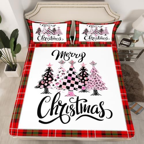 Castle Fairy Christmas Tree Sheet Set Kids Boys Girls Striped Grid Fitted Sheets Set Full Size Red Green Grid Bedding Sheet Sets Includes 1 Flat Sheet,1 Fitted Sheet,2 Pillowcases