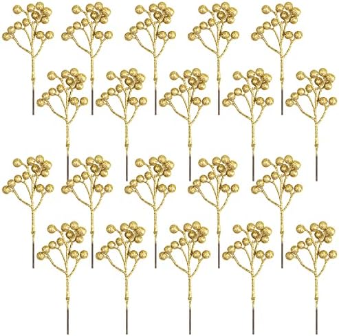 Fangoo 20 Pack 7 Inch Artificial Gold Berry Stems for Christmas Tree Decor