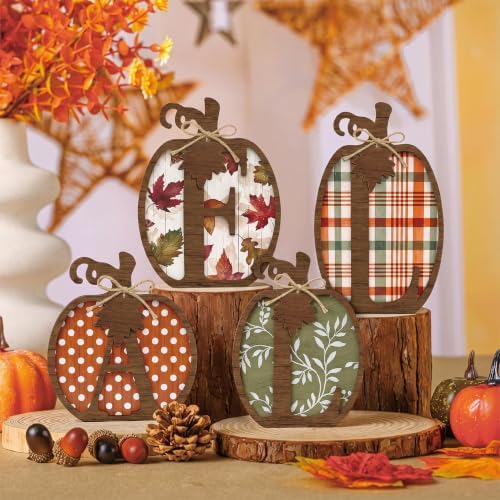 4 Pcs Fall Pumpkin Decor, Wooden Autumn Fall Decorations for Home