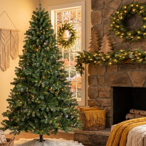 Glitzhome Prelit Christmas Tree, 7.5ft Full Realistic Artificial Aspen Grand Fir with 1,668 Tips and 680 C3 Twinkling Lights, 10 Lighting Functions w/Remote Control for Indoor Holiday Decoration