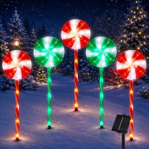 BRIGHTDECK 5 Pack Solar Christmas Pathway Lights, RedGreen Lollipop Stakes