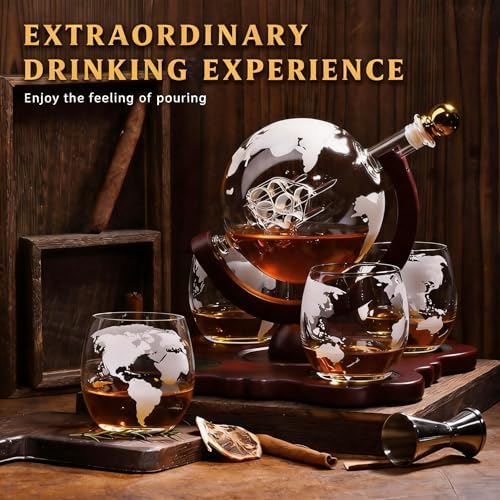 Globe Whiskey Decanter Set with 4 Glasses 850ml, Dad Gifts for Men Him Husband, Christmas Anniversary Birthday Gift for Brother Grandpa, for Liquor Bourbon Scotch Whisky