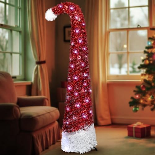 Aurelema 5 ft Curved Pop up Christmas Tree with 50 LED Lights Tinsel Red