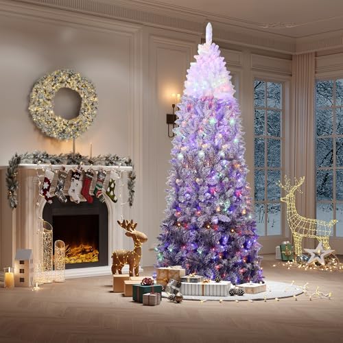 GarveeHome 7.5 ft Prelit Artificial Christmas Tree with RGB & Warm White Lights, Pre-Lit Snow Flocked Pencil Christmas Tree, Foldable Base,Holiday Decoration for Home, Office, Party,Purple Gradient