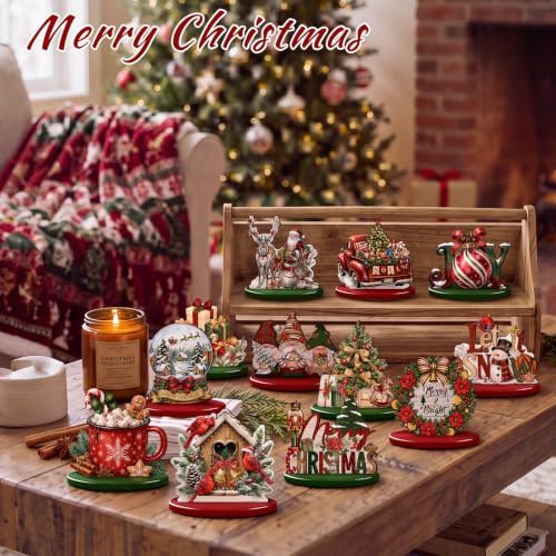 Leinuosen 12 Pcs Christmas Table Decoration Red Green Christmas Tiered Tray Decor Wooden Santa Claus Centerpieces Reindeer Snowman Wreath Farmhouse Xmas Decor for Home Kitchen Coffee Bar Shelf Indoor