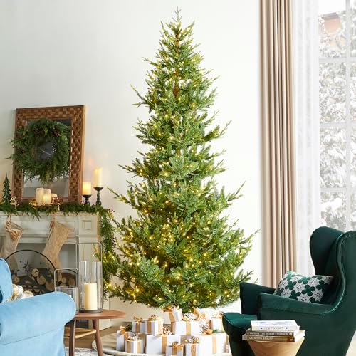 Glitzhome Artificial Christmas Tree, 9ft Prelit Hinged Slim Fir Vibrant Ascend Evergreen Xmas Tree with 700 Warm White and Multi-Color LED Lights, 9 Function w/Foot Pedal and Remote Control