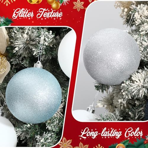 Poen 12 Pcs 6 Inch Large Glitter Christmas Ball Ornament, Navy Blue Silver