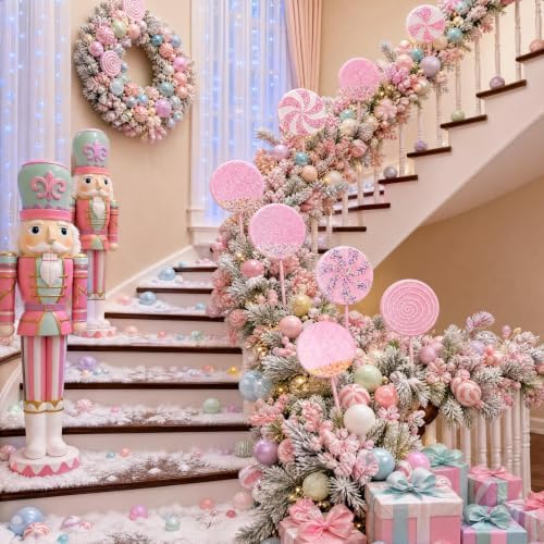 Roowest 16 Pcs 13.78'' Pastel Large Candy Christmas Decorations Giant Lollipop Candy Decoration with Sticks Macaron Peppermint Xmas Decor for Christmas Tree Ornament Holiday Party (Pink,8 Styles)