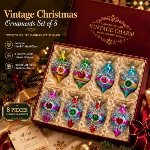Soulchen 8 Pcs Vintage Glass Christmas Finial Ornaments Reflector for Tree