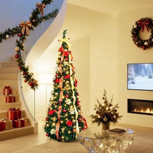 VINGLI 7ft Pre lit Pop Up Christmas Tree with Lights, Pre-Decorated Artificial Pencil Xmas Tree Collapsible Christmas Tree Holiday Party Decorations (Red&Gold)