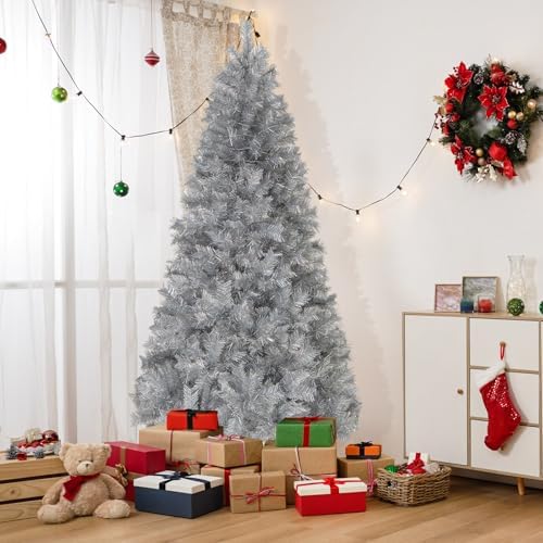 HAPPYGRILL 7 FT Pre-Lit Christmas Tree Silver Tinsel Artificial Xmas Tree with 807 Branch Tips, 400 Warm White LED Lights, Upgraded Metal Stand, Hinged Decoration Tree, Festive Celebration Tree
