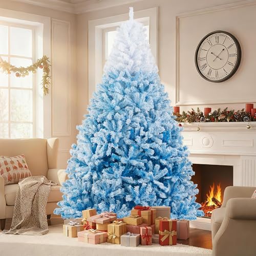 HAPPYGRILL 8 FT Flocked Christmas Tree Blue Hinged Xmas Tree with 1774 Branch Tips & Folding Metal Stand, Artificial Christmas Tree for Home Office Carnival