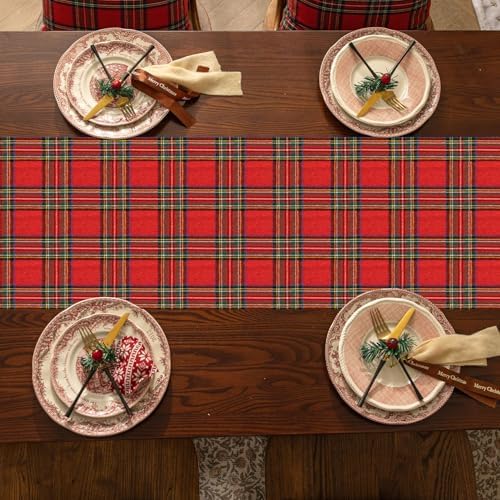 Softalker Christmas Checkered Tartan Table Runner, Red, 13 x 48 Inch