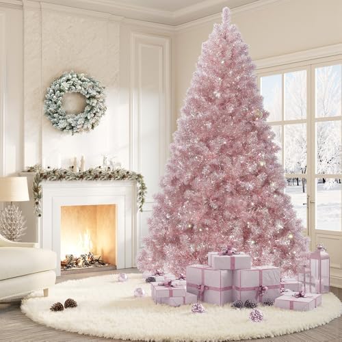 GarveeHome 6 ft Prelit Artificial Christmas Tree with 250 Warm White Lights, Pre-Lit Snow Flocked Pencil Christmas Tree, Foldable Base,Holiday Decoration for Home, Office, Party,Rose Gold Tinsel