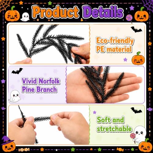 45 Pcs Halloween Black Norfolk Pine Branches, Faux Black Stems Centerpieces