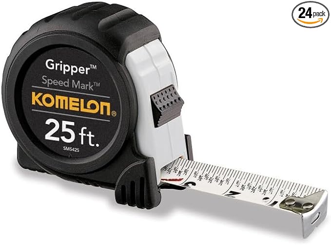 24 Pack Komelon SM5425 25' x 1" Gripper Speed Mark Fractional Graduation Tape Measure