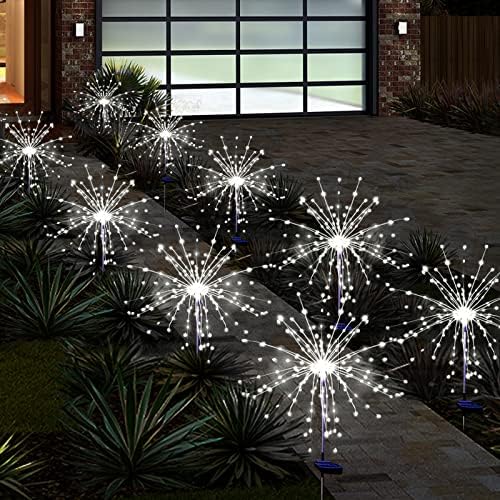 Solar Garden Firework Lights Outdoor Waterproof, 4 Pack Solar Powered Art Stake Twinkle Lighting for Outside Decor, 120 LED Sparklers String Lights for Yard Pathway Christmas Decorations(White)