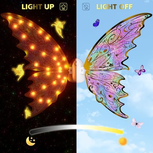 maysida Gold Fairy Wings for Kids and Girls, Light-up Electric Sparkling Wings Princess Halloween Set with Wand, Crown, Butterfly Wings – Ideal for Cosplay, Party, Birthday, Christmas