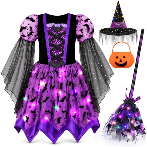 Meland Light Up Witch Costume for Girls 3-10, Toddler Kid Halloween Costume