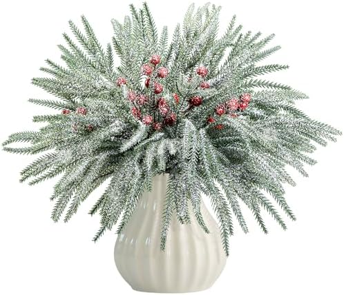 60 Pcs Christmas Snow Norfolk Pine Branches Red Berry Stems Faux Xmas Sprig