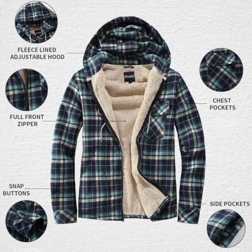 Elesuit Men's Full Zip Fleece Flannel Jacket Shirt Plaid Cotton Hoodie Coat