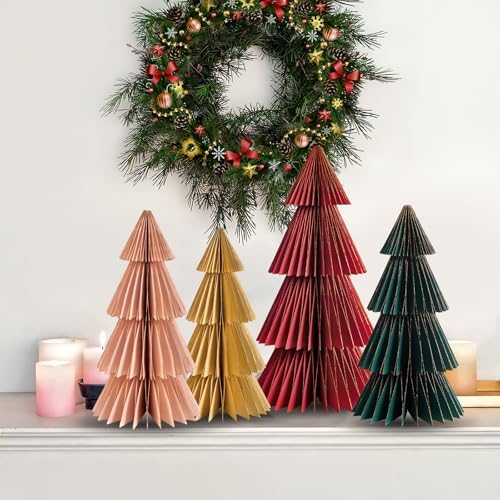 SUNBEAUTY 4PCS Paper Christmas Tree Honeycomb Centerpiece 3D Xmas Trees Table Centerpiece Paper Tree Christmas Home Decoration Vintage Christmas Decorations for Home Xmas Holiday Party