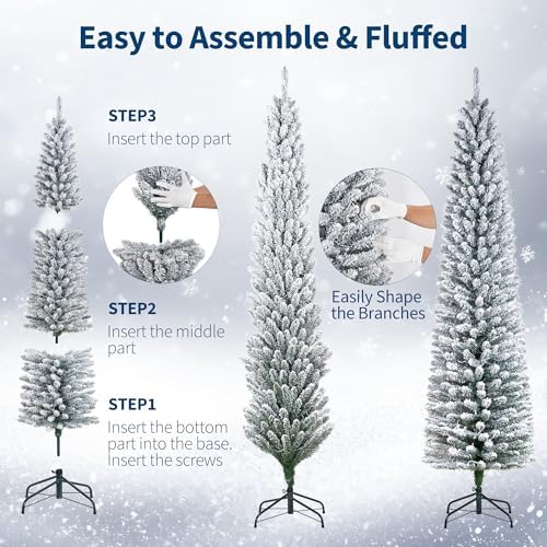 Garvee 7.5FT Pencil Prelit Christmas Tree, Snow Flocked Xmas Tree
