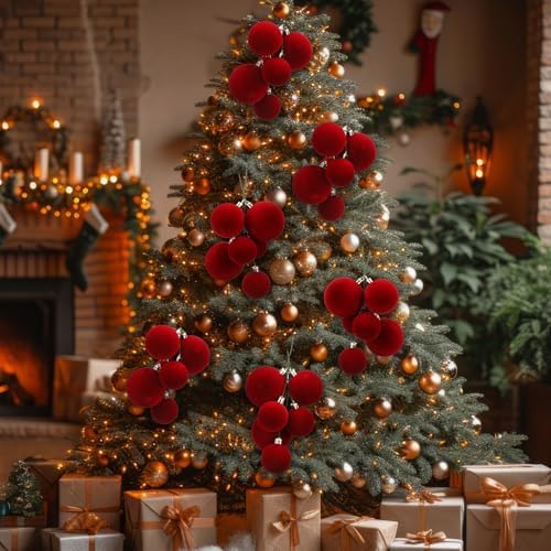 Roowest 4 Sets Large Red Velvet Christmas Ball Clusters Ornaments Decor