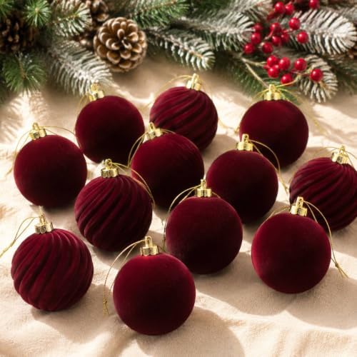 Red Burgundy Velvet Ornaments 3.15in, 12Pcs Balls for Christmas Tree Deco