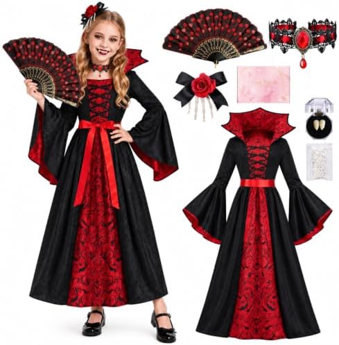 Vampire Costume for Girls 4-12 Years, Gothic Victorian Vampiress Dress Set