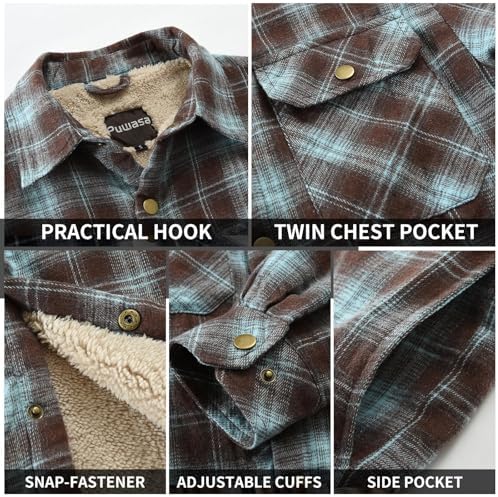 Men's Sherpa Cotton Flannel Shirt Jacket Plaid Button Coat Pocket