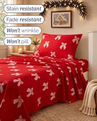 Christmas Sheet Set, Red Ribbon Bows, Holiday Xmas Bedding Set - Twin XL