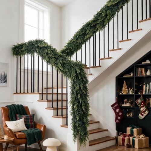 15FT Christmas Cedar Garland, Realistic Artificial Pine Greenery Garland with Flexible Wired Branches, Faux Holiday Garland for Mantle, Fireplace, Staircase, Table, Door, Indoor Outdoor Winter Decor