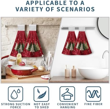 Red Christmas Tree Kitchen Hanging Towels Xmas Trees Snowflakes Hand Towels with Hanging Loop Winter Holiday Farmhouse Dish Washcloths Soft Absorbent Fingertip Bath Tie Towel Set of 2