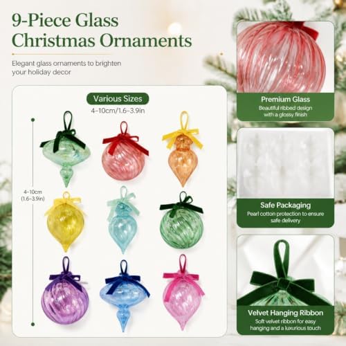 Hungdao 9 Pcs Vintage Colorful Glass Christmas Ornament with Bows, Rainbow