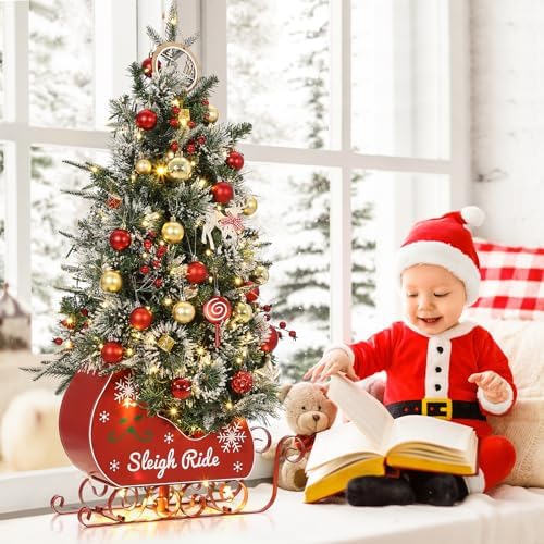 Garvee 3FT Christmas Tree,Pre-Lit Artificial Christmas Trees with Lights, Small Xmas Trees with Sleigh Base & 78 Warm White Lights, Christmas Decoration for Home, Office,2 PCS