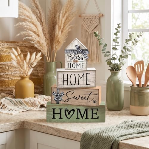 Moucuny 4 Pcs Wooden Farmhouse Table Decor Rustic Home Sweet Home Stacked Blocks Decoration Farmhouse Tiered Tray Decor Decorative Eucalyptus Block Signs Bless Gift for Kitchen Shelf Coffee Table