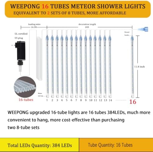 Weepong Halloween Lights Outdoor, Meteor Shower Christmas Lights 16 Tubes