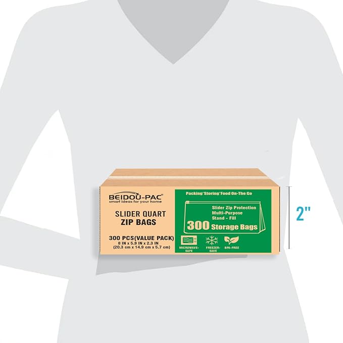 BEIDOU-PAC Slider Quart Food Storage Freezer Bags with Stand-Up Bottom, 300 Count | 2 Mil | 8 IN x 5.9 IN x 2.3 IN, Freshness Easy Open Reclosable Clear Plastic Bags(Slider-quart-300count)