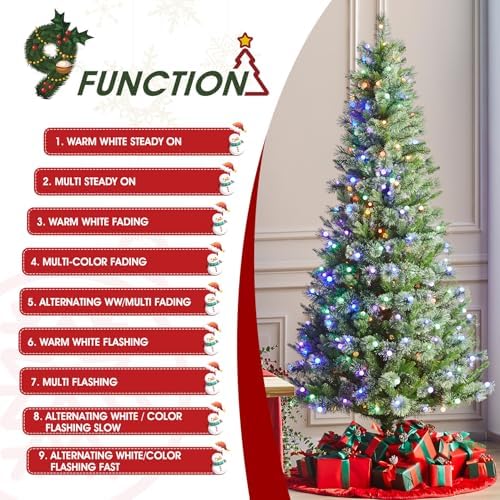 Glitzhome Prelit Christmas Tree, 7.5ft Artificial Green Christmas Tree Charming Cashmere Slim Pine with 350 Warm White and Multi-Color Globe LED Lights, 9 Function w/Foot Pedal and Remote Control