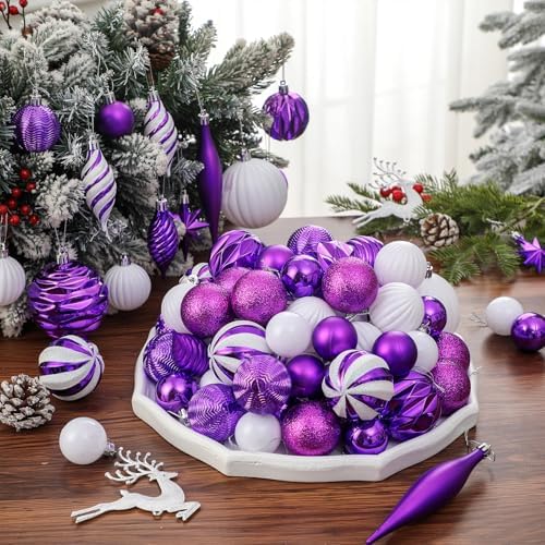 CroBlissful 118 Pcs Christmas Tree Ornaments Set Including Ornaments Balls, Hanging Snowflakes Icicle, Mesh Ribbon, Tree Top Star, Flower, Berries Stems for Xmas Trees Holiday Decor(Purple)
