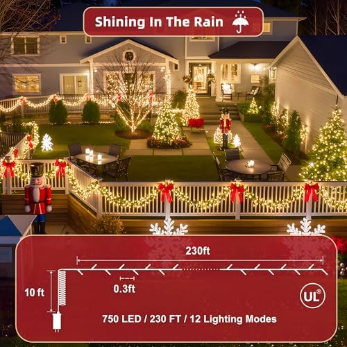 240ft Outdoor Christmas Lights, 750 LED Super Long String Lights 12 Modes & Timer Memory, Dimmable Outsite Waterproof Light Strings for Xmas Tree Garden Wedding Party Holiday Decorations Warm White