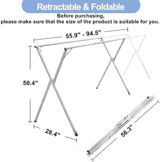 94.5in Premium Stainless Steel Clothes Drying Racks, Foldable and Adjustable Laundry Drying Rack Clothing for Indoor Outdoor (94.5" D x 28.4" W x 50.4" H)
