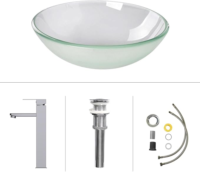 Bathroom Vessel Sink, Tempered Glass Vanity Round Bowl, Frosted | Chrome Faucet, Pop Up Drain, Above Counter, Easy Clean