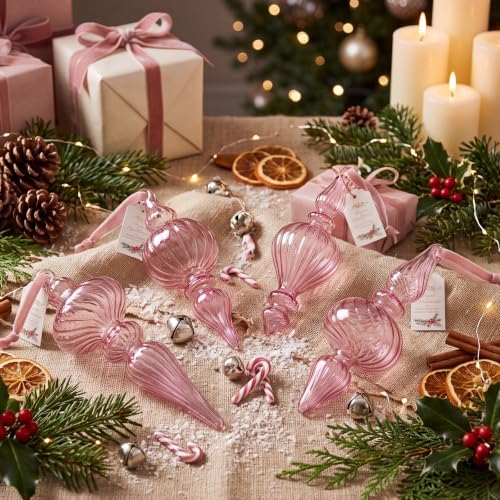 12 Pcs Vintage Glass Finial Christmas Ornaments, Pink