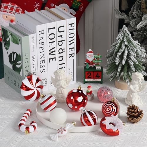 105Ct Red and White Christmas Ornaments Set Shatterproof Candy Cane Theme Decorations for Xmas Tree, Donut Polka Dot Assorted Ornaments for Holiday Festival Family Decor (Red&White)