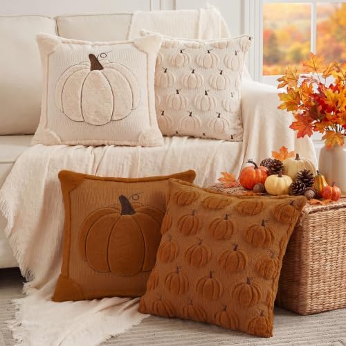Fall Pillow Covers 20x20 Set of 2 Reversible Burnt Orange Pumpkin Plush