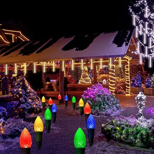 Solar Christmas Pathway Lights, 20 LED C9 String Lights with 20 Stakes, 23FT Solar Powered Multicolored Decorations for Roof, Yard, Patio, Walkway, Driveway