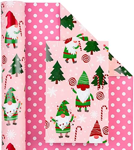 WRAPAHOLIC Reversible Gnome Christmas Wrapping Paper - Mini Roll - 17 Inch x 33 Feet - RRed Green Gnome Wrapping Paper and Pink White Polka Dots for Christmas, Holiday, Party